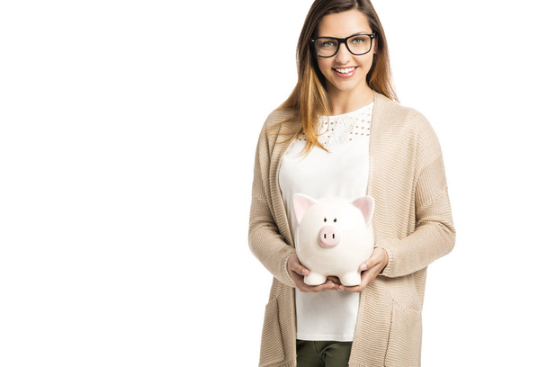 happy woman holding piggy bank - Zdjęcie, obraz