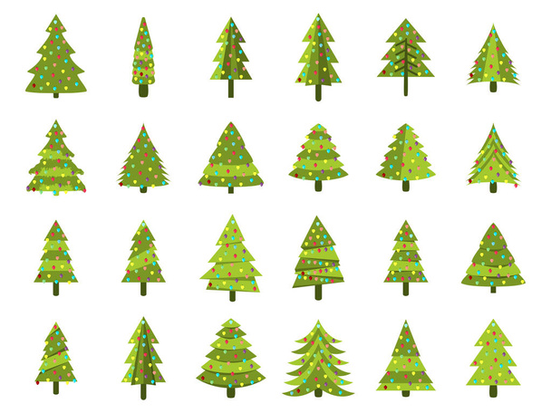 Weihnachtsbäume im flachen Stil. geschmückter Weihnachtsbaum. Tannenbäume isoliert auf weißem Hintergrund. Vektorsymbole. - Vektor, Bild