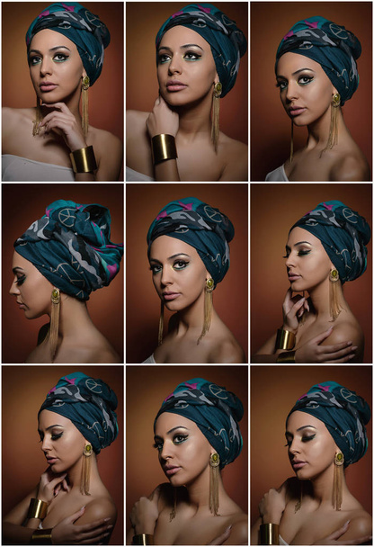 Beautiful woman in a turban.Young beautiful woman with turban and golden accessories.Beauty fashionable woman with hairs wrapped in turban. Pretty Caucasian model wearing  earrings  posing in studio. - Photo, Image