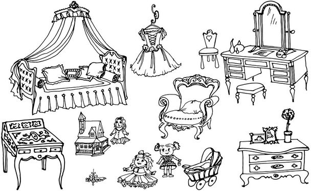 schets, set van meubels en speelgoed voor de kamer meisjes - Foto, afbeelding