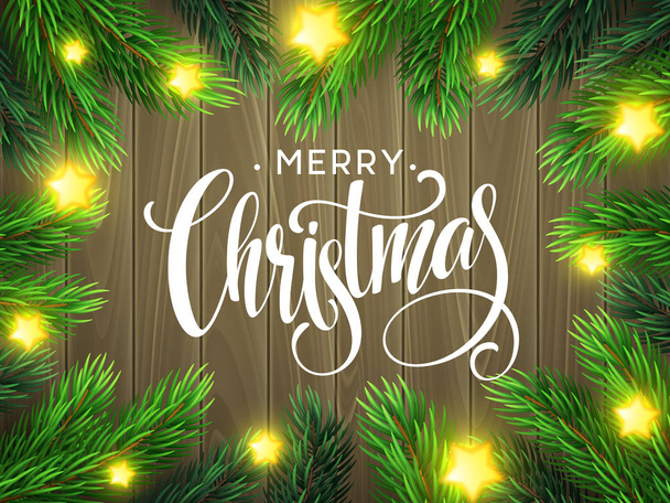 Christmas Tree Branches Border with handwriting Lettering. Vector Illustration - Vettoriali, immagini