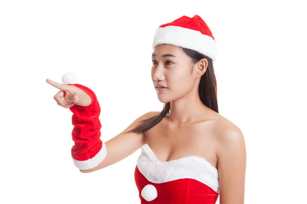 Asian Christmas Santa Claus girl  do touch screen pose. - Zdjęcie, obraz