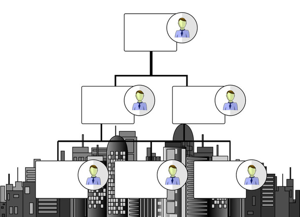 Ilustración de organograma con skyline de oficinas de negocios
 - Vector, imagen
