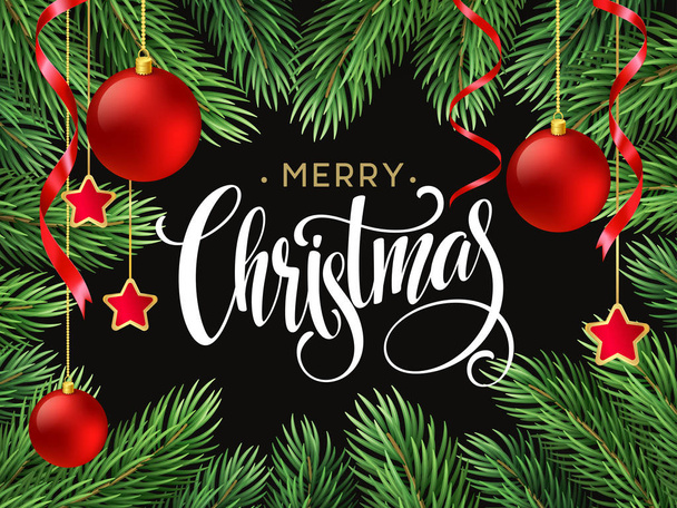 Christmas Tree Branches Border with handwriting Lettering. Vector Illustration - Vecteur, image