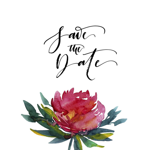 Save the date with watercolor flower. - Фото, изображение