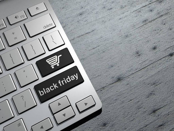 Siyah Cuma, satış, online alışveriş, alışveriş sunmaktadır. Bilgisayar klavye tuşları. 3D render - Fotoğraf, Görsel