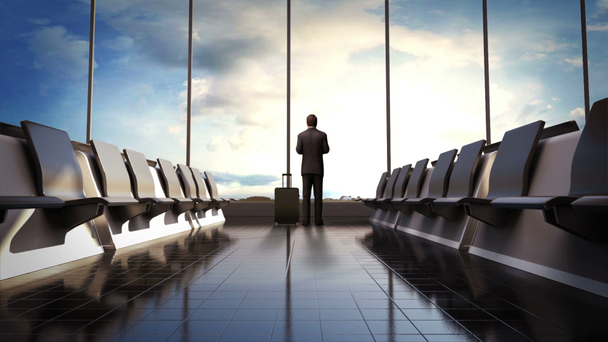  Businessman in flight waiting hall. Departure airplane in blue sky. moving camera. - Footage, Video