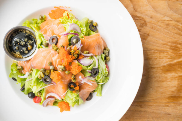 Salmon salad in white plate - Photo, Image