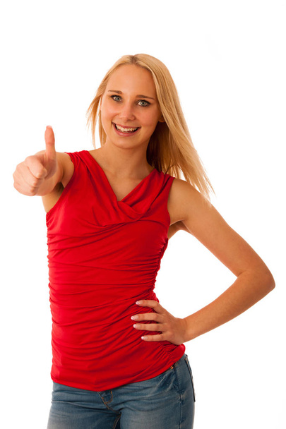 Business woman gestures success with thumbs up - Фото, зображення