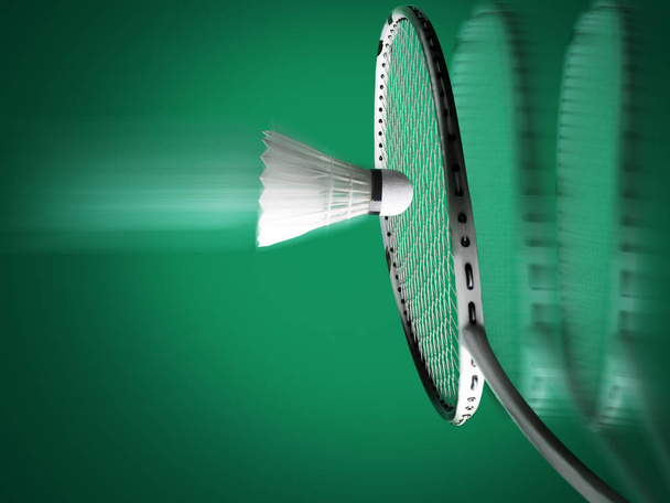 racket with string and shuttlecock on green background - Foto, Bild