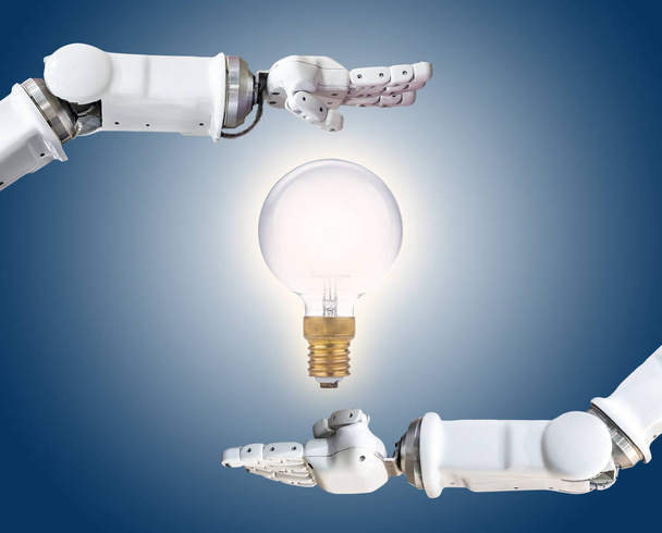 the metal robot hand with light bulb - Foto, Bild