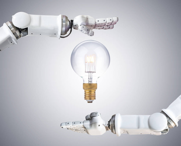 the metal robot hand with light bulb - Foto, imagen