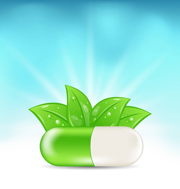 Natural Medical Pill with Green Leaves - Foto, afbeelding