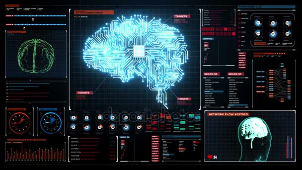 Hersenen aangesloten Cpu chip printplaat van digitaal display dashboard, groeien van kunstmatige intelligentie - Video