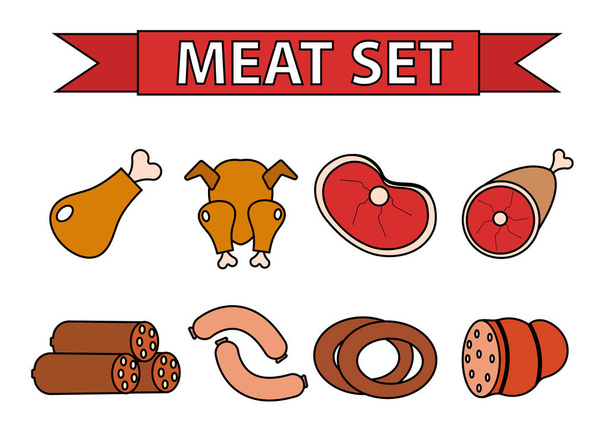 Κρέας και λουκάνικα σύνολο εικονιδίων, μοντέρνα γραμμή στυλ. Φρέσκος απομονωθεί σε λευκό φόντο. προϊόντων, τροφίμων. Εικονογράφηση διάνυσμα - Διάνυσμα, εικόνα