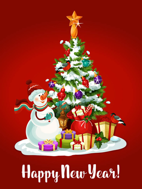 Új év holiday kártya-fenyőfa és hóember - Vektor, kép