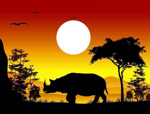 Schönheit Nashorn Reise Silhouetten mit Landschaft Hintergrund - Vektor, Bild