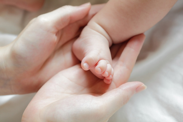 Baby feet in mother hands - Foto, afbeelding