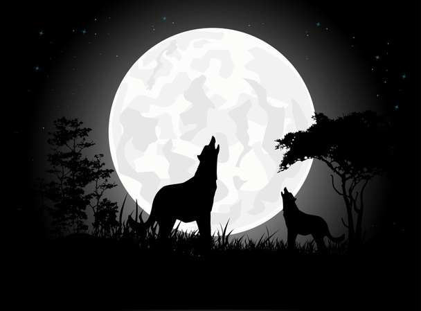 Belleza Wolf gritar siluetas con fondo de luna gigante
 - Vector, imagen
