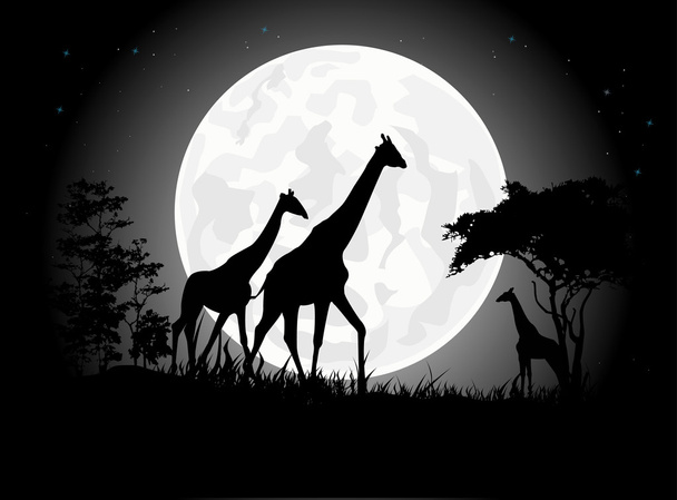 Beautiful Giraffe family silhouettes with giant moon background - Vector, Image
