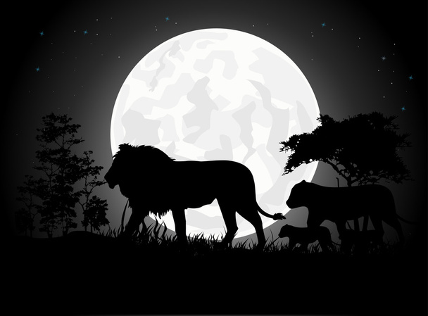 Gyönyörű oroszlán családi sziluettek gázóriás a Hold háttérrel - Vektor, kép