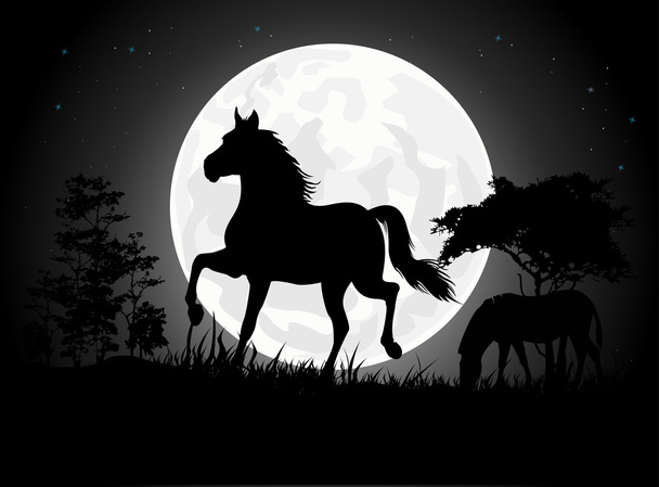 Hermosas siluetas de caballo con fondo de luna gigante - Vector, Imagen