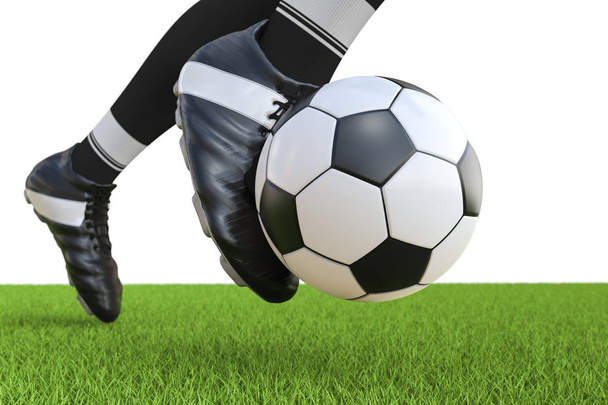 footballeur donnant un coup de pied au ballon de football en mouvement
 - Photo, image
