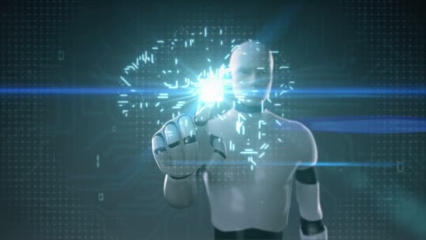 Le cyborg de robot touchant le circuit imprimé connecté de puce de processeur de cerveau, développent l'intelligence artificielle
 - Séquence, vidéo