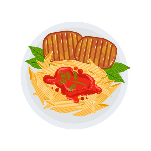 Стейки на гриле с гарниром из пасты паста-болоньезе векторная иллюстрация еды, приготовленной на гриль-кафе Меню блюдо
 - Вектор,изображение