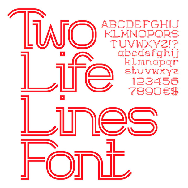 Red white strip uppercase and lowercase letters and numbers. Two life lines font.  - Vector, Image