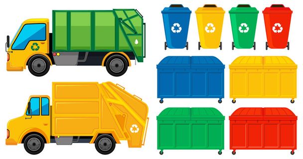 Camiones de basura y latas en muchos colores
 - Vector, Imagen