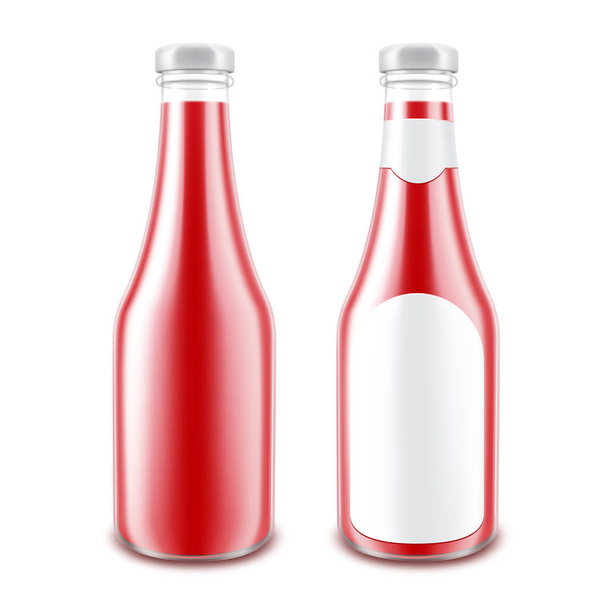 Wektor zestaw z puste szkło błyszczący czerwony pomidor butelki ketchupu dla marki bez etykiety na białym tle - Wektor, obraz