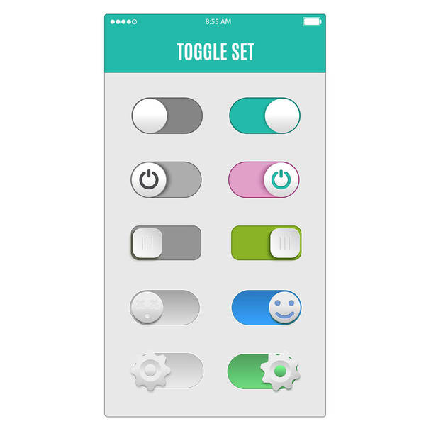 Toggle switch set, On and Off sliders, vector elements for your design. The switches in the form of smiley  gear. Realistic   the smartphone screen. - Vector, Image