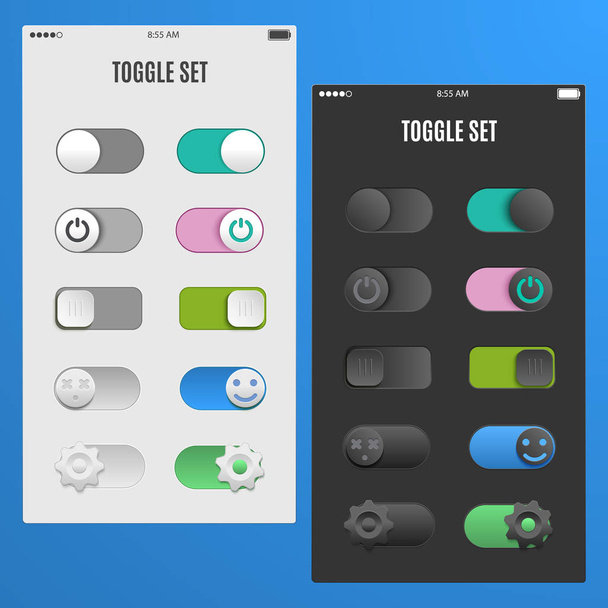 Set light and dark toggle switch to web design the of UI UX mobile applications. Switches in different positions off on. The in the form smiley gear. Realistic sliders the smartphone screen. - Vector, Image