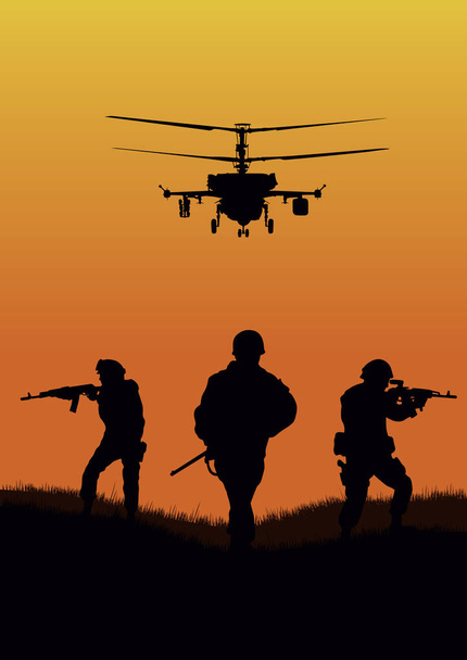 Illustration, the soldiers going to attack and helicopters. - Vector, Image
