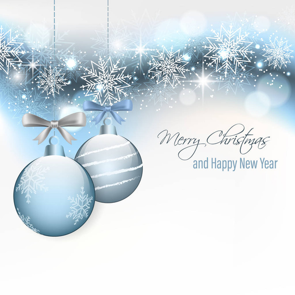 Christmas card with hanging baubles and snowflakes. Happy New Year. - Vector, Image
