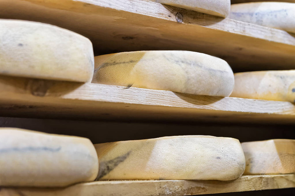 Pila de queso añejo en bodega en Franche Comte
 - Foto, imagen
