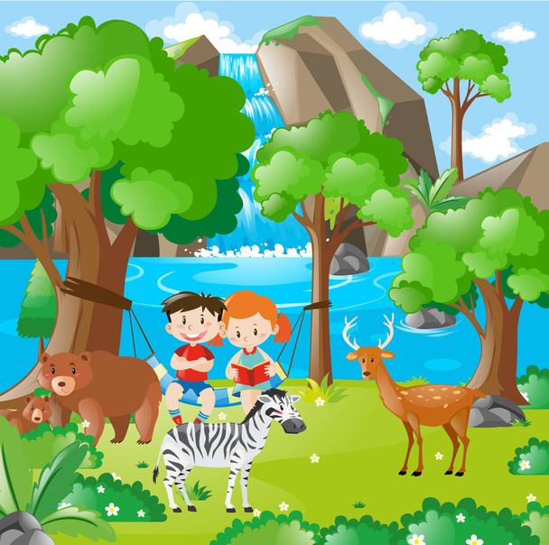 Farm jelenetet, gyerekek és állatok - Vektor, kép