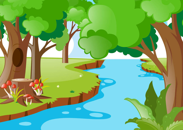 Природная сцена с рекой в лесу
 - Вектор,изображение