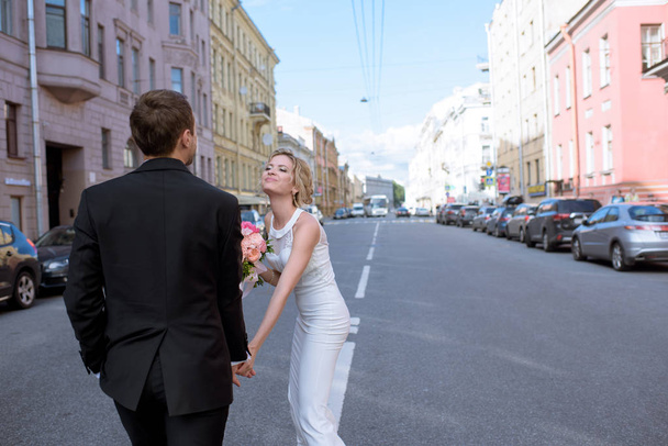 happy Wedding couple walking - Photo, image