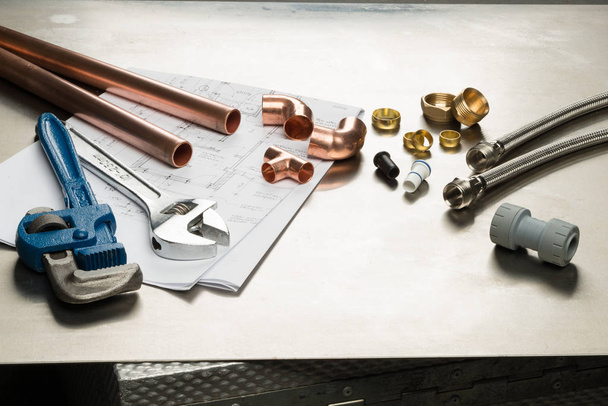 Selection of Plumbers Tools and Plumbing Materials - Photo, Image