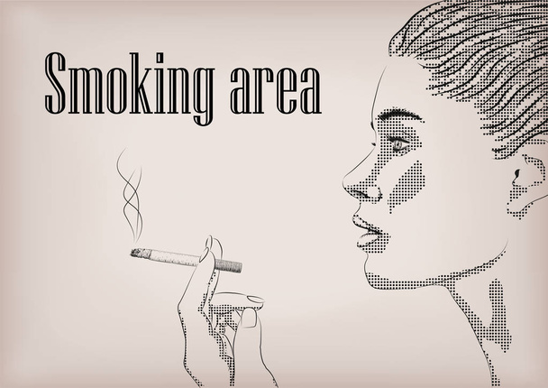 Kadın kız Bayan kişi duman sigara Sigara Tütün el modeli yüz profil yasaktır alanı yer işareti tabela. Vektör yatay güzel yakın çekim yan görünümü illüstrasyon bej arka plan - Vektör, Görsel