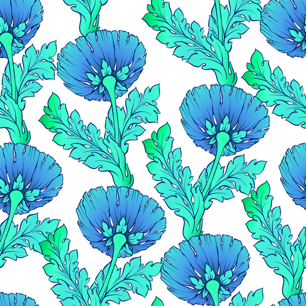 Zahradní modré květy izolované na bílém. Bezešvé, ručně malované, jemný vzorek přechodu. Vektorový pozadí lze použít jako pozadí nebo textilní design - Vektor, obrázek