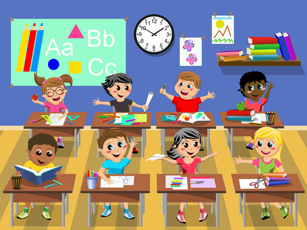 Щасливі діти сидять за столом школа класу
 - Вектор, зображення