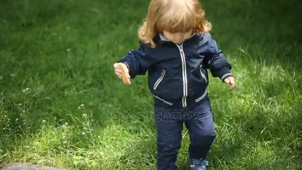 Aktywne dziecko skacząc z plików cookie z krawężnika w parku - Materiał filmowy, wideo