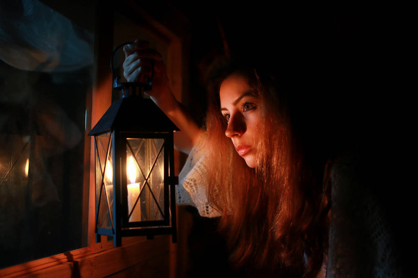 woman candle lamp dark night - Photo, Image