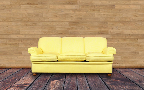 Sofá amarelo no quarto vintage
 - Foto, Imagem