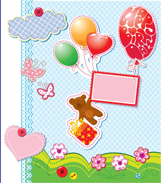 Baby birthday card with teddy bear and gift box flying with ball - Vektor, obrázek