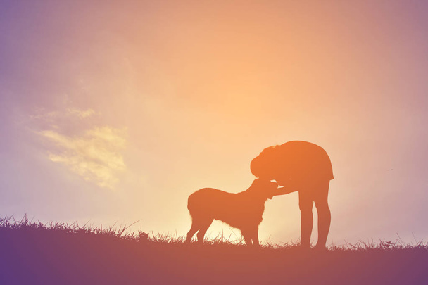 Silhouette women playing with dog   - 写真・画像