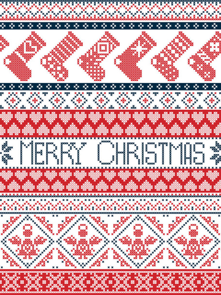Stile nordico Buon Natale festivo modello invernale a punto croce con calze, cuore, angelo, ornamenti decorativi, fiocco di neve in rosso, bianco e blu
  - Vettoriali, immagini